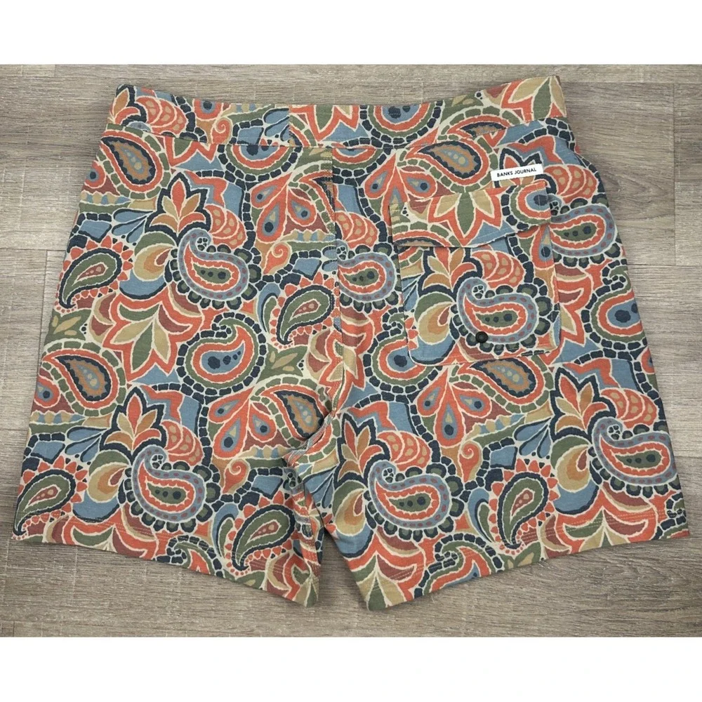 Banks Journal Paisley Board Shorts Mens 34 Muted Orange Blue Green Swim Trunks